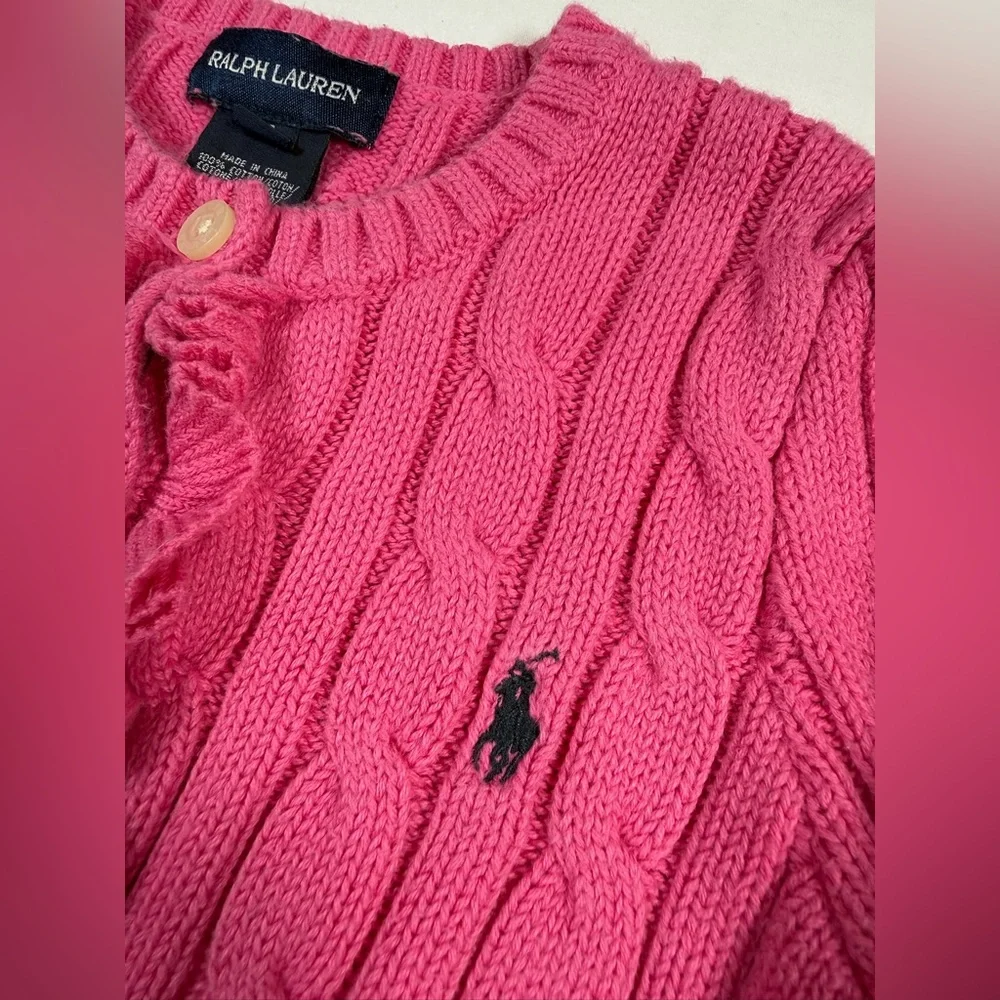 RALPH LAUREN‎ Girls Cable Knit Sweater Ruffle Button Front Size 4 Preppy Classic